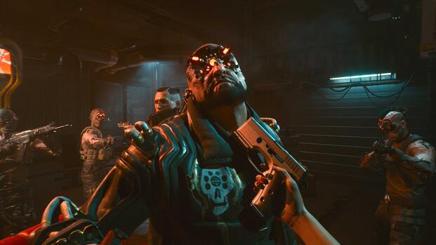 A scene featuring holding up a character in Cyberpunk 2077