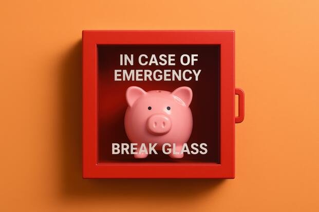 piggy bank behind emergency glass