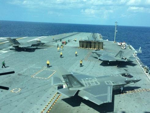 Five F-35Cs wait to take off from the flight deck of the USS George Washington. In all, 7 F-35Cs conducted qualification exercises aboard the carrier Aug. 15.