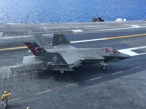 An F-35C from Air Test and Evaluation Squadron-23 on the flight deck of the USS George Washington between landing and take-off evolutions. Photo by Hope Hodge Seck