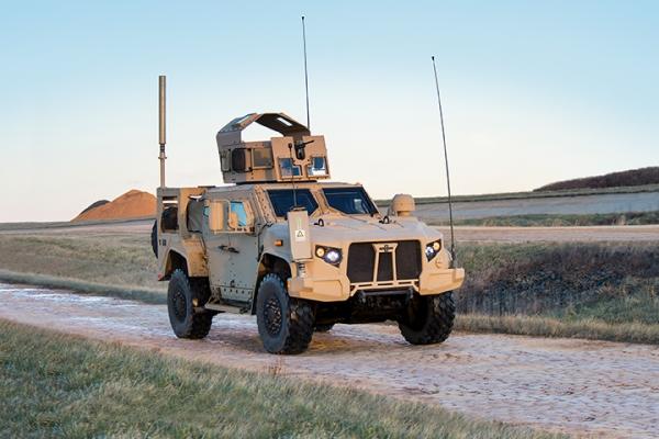 The Army's Joint Light Tactical Vehicle made by Oshkosh Corp. is shown here with an objective gunners protective kit armed with an .50-caliber M2 machine gun. (Photo courtesy Oshkosh)