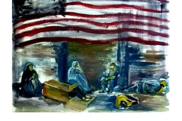 This 20"x16" painting by Wendi Boggs, titled "Unconscionable," depicts the problem of homelessness among veterans. Boggs, an art therapist, served in the U.S. Air Force from 1984 to 1990. (Courtesy Veteran Artist Program)