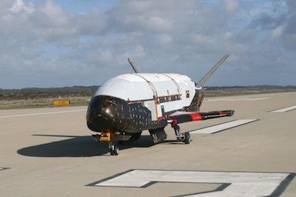 In a testing procedure, the X-37B Orbital Test Vehicle taxis on the flightline in June 2009 at Vandenberg AFB, Calif.