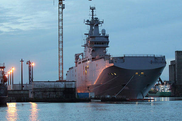 The Vladivostok Mistral-class helicopter carrier docking at Saint-Nazaire harbour, France, Nov.14, 2014. Laetitia Notarianni/AP