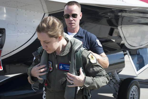 Military.com reporter Oriana Pawlyk gears up before her flight with the Thunderbirds on April 21. (Photo: Air Force Thunderbirds) 