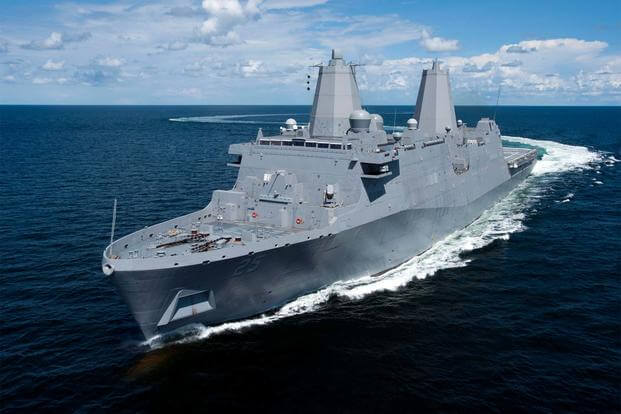 The Ingalls-built amphibious transport dock ship) USS Somerset (LPD 25) transits the Gulf of Mexico during builder's sea trials, Aug. 19, 2013. (U.S. Navy photo courtesy of Huntington Ingalls Industries, Inc./Steve Blount)