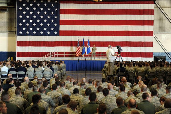 Chief Master Sgt. of the Air Force James A. Cody hosts an enlisted all call for technical sergeants and below March 11, 2015, on Offutt Air Force Base, Neb. (U.S. Air Force photo/Josh Plueger)