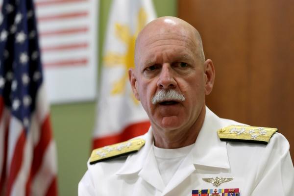 U.S. Pacific Fleet Commander Adm. Scott Swift talks during an interview with journalists Friday, July 17, 2015 in Manila, Philippines.(AP Photo/Bullit Marquez)