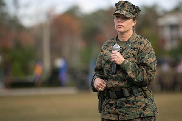 Lt. Col. Lauren Edwards gives a speech during the 8th Engineer Support Battalion change of command ceremony at Camp Lejeune, N.C., Nov. 30, 2015. (Photo: Cpl. Ryan Young)