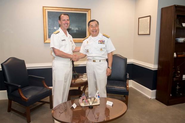 CNO Adm. John Richardson met with his South Korean  counterpart, Adm. Jung Ho-sub at the Pentagon for a discussion on the strengthening partnerships throughout the Indo-Asia Pacific (U.S. Navy photo by Mass Communication Specialist 1st Class Elliott)