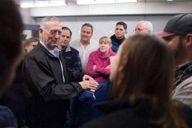 Defense Secretary Jim Mattis answers questions from reporters during a flight to South Korea, Feb. 1, 2017. (DoD photo by Army Sgt. Amber I. Smith)
