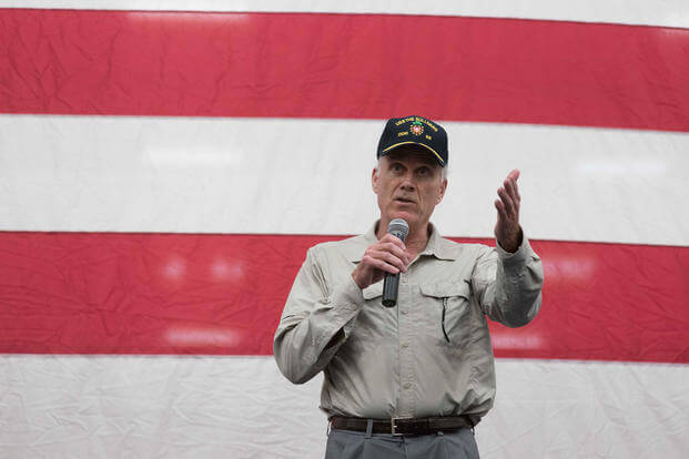 Secretary of the Navy (SECNAV) Richard V. Spencer delivers remarks at an all-hands call with Sailors at Naval Station Mayport. (U.S. Navy photo/Mass Communication Specialist 1st Class Armando Gonzales)