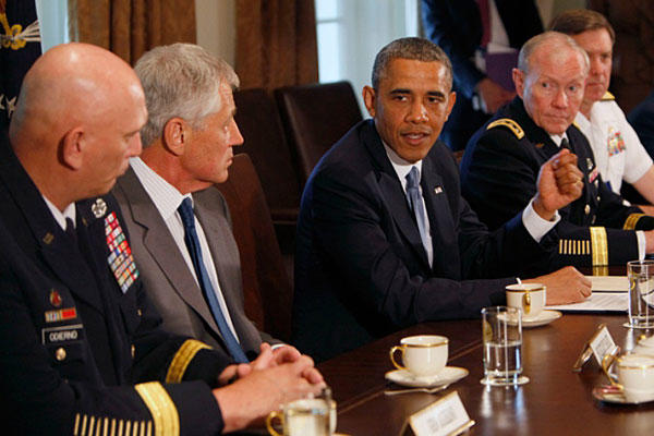 President Barack Obama, center, meets with, from left, General Ray Odierno, Secretary of Defense Chuck Hagel, Gen. Martin Dempsey, Chairman of the Joint Chiefs of Staff, and Vice Chief of Naval Operations Admiral Mark Ferguson, to discuss sexual assaults.