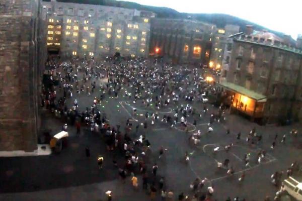 A video screen grab shows West Point cadets participating in a violent pillow fight on Aug. 20, 2015, that left 24 of 30 injured participants with concussions. (Photo YouTube via Stars & Stripes)