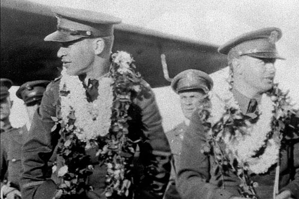 Lieutenants Lester J. Maitland (left) and Albert F. Hegenberger (right) at Wheeler Field, Hawaii, after the first non-stop flight from California to Hawaii in 1927. (U.S. Air Force photo)