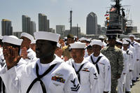 Service members recite the oath of citizenship during a naturalization ceremony on the flight deck of the USS Midway Museum. Three hundred service members from 51 countries became U.S. citizens during the ceremony, sponsored by U.S. Citizenship and Immigration Services. (US Navy photo/James Evans)