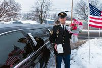 Illinois National Guard 1st Sgt. Joseph Bierbrod arrives at the Hinton's home to ask Cayleigh Hinton if he can escort her to the Father-Daughter. Cayleigh's father, Sgt. Terrence Hinton, died in a 2017 training accident. (Illinois National Guard/Staff Sgt. Robert R. Adams)