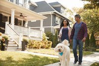 Couple in suburbs walking their dog