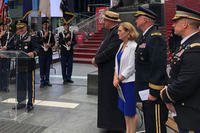 New York Army National Guard Chaplain (Lt. Col.) Scott Ehler, left, introduces the official party to commemorate the life and career of New York Army National Guard Chaplain Father Francis P. Duffy at Times Square June 27, 2018. Ehler joined with Archbishop of New York Cardinal Timothy Dolan, WWI National Commissioner Dr. Libby O’Connell and the National Guard’s senior chaplain, Chaplain (Brig. Gen.) Kenneth “Ed” Brandt to commemorate Duffy’s service in WWI. (U.S. Army National Guard photo/Jean Kratzer)