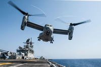 An MV-22 Osprey assigned to Marine Medium Tiltrotor Squadron (VMM) 161 (Reinforced) lifts off from the flight deck of the amphibious assault ship USS America (LHA 6) during flight operations, Oct. 3, 2017. (U.S. Navy photo/Vance Hand)