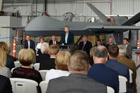Air Force Secretary Heather Wilson gives a brief to a crowd during the first civil beyond visual line of sight event August 20, 2018 at Grand Sky at Grand Forks Air Force Air Force Base, North Dakota. (U.S. Air/Senior Airman Cierra Presentado)