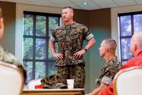 Brig. Gen. Julian Alford addresses a group at the 20th annual Retiree Appreciation Day at Marston Pavilion aboard Marine Corps Base Camp Lejeune, Sept. 30, 2017. (U.S. Marine Corps/Pfc. Nicholas Lubchenko)