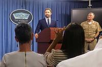 Actor Gerard Butler speaks to reporters at the Pentagon on Oct. 15, 2018, promoting his new movie, &quot;Hunter Killer.&quot; Navy Vice Adm. Fritz Roegge stands to his right. Photo by Oriana Pawlyk/Military.com