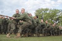U.S. Marines with Fox Company, 2nd Battalion, and Oscar Company, 4th Battalion, Recruit Training Regiment, take part in Tug-of-War during the Field Meet at 4th Recruit Training Battalion physical training field on Marine Corps Recruit Depot, Parris Island, S.C., April 21, 2018. (U.S. Marine Corps/Cpl. Sarah Stegall)
