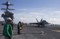 An F/A-18F Super Hornet, assigned to the &quot;Swordsmen&quot; of Strike Fighter Squadron 32, approaches USS Gerald R. Ford's Electromagnetic Aircraft Launching System (EMALS) during flight deck operations on Nov. 6, 2017, as part of testing and evaluations on the ship. (U.S. Navy photo by Mass Communication Specialist 2nd Class Kristopher Ruiz)