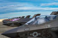 Ten F-35C Lightning II jets of the &quot;Argonauts&quot; of VFA-147 aircraft sit on the flight line at Naval Air Station Lemoore. (U.S. Navy/Mass Communication Specialist 2nd Class Manuel Tiscareno)