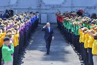 Vice President Mike Pence salutes sailors on the flight deck aboard the Nimitz-class aircraft carrier USS Harry S. Truman (CVN 75), Apr. 30, 2019. (U.S. Navy photo/Adelola Tinubu)