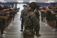 Drill instructors with Kilo Company set the tone for their new recruits during forming day one at Marine Corps Recruit Depot Parris Island, S.C. Jan. 26, 2019. Kilo Company will spend forming day learning the rules and regulations of recruit training, regarding everything from how to act in the squad bay to how to speak to drill instructors. (Dana Beesley/Marine Corps)