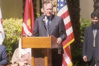 President George H.W. Bush addresses a crowd at the U.S. Embassy in Kuwait, Jan. 26, 2001, during a memorial ceremony in honor of American service members who died in the Gulf War. (U.S. Army photo/Bryan Beach)