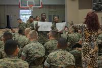 U.S. Marines assigned to the Marines Awaiting Training Platoon, Marine Corps Combat Service Support Schools, participate in a Sexually Transmitted Diseases brief at the Safety and Education Fair at Camp Johnson, N.C., April 26, 2019. (U.S. Marine Corps/Lance Cpl. Stephanie E. Soto)