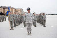 U.S. Air Force Master Sgt. Michael Hernandez, 433rd Training Squadron instructor, and his basic training flight, practices for the graduation parade ceremony, Dec. 12, 2018, at Joint Base San Antonio-Lackland, Texas. (U.S. Air Force photo/Sarayuth Pinthong)