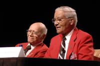 Retired Col. Elmer Jones and retired Col. Charles McGee address an audience during an open forum at the 2009 Air Force Association Air &amp; Space Conference and Technology Exposition Sept. 15, 2009, at the National Harbor in Oxon Hill, Md. (U.S. Air Force photo/Andy Morataya)