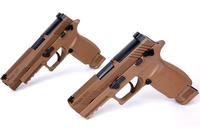 The Army recently approved Full Material Release on Sig Sauer’s M18 (front) and M17 (rear) Modular Handgun System. (Photo: Sig Sauer Inc.)