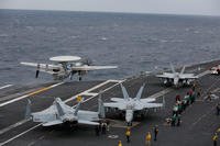 An E-2D Hawkeye assigned to the &quot;Bluetails&quot; of Carrier Airborne Early Warning Squadron (VAW) 121 launches from the flight deck of the Nimitz-class aircraft carrier USS Abraham Lincoln (CVN 72), Feb. 19, 2019. (U.S. Navy photo/Michael Singley)