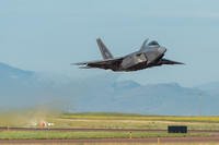 The F-22 Demo Team takes off to begin an aerial demonstration during the Mission Over Malmstrom air show in Great Falls, Mont., July 14, 2019. (U.S. Air Force photo/Samuel Eckholm)
