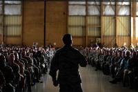 FILE - U.S. Airmen assigned to Shaw Air Force Base listen as Gen. David L. Goldfein speaks during an all-call