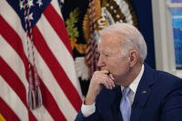 President Joe Biden attends a meeting in the South Court Auditorium on the White House campus in Washington