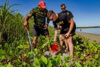 Fijian Army Sgt. Iowani Seru (left) plants dilo trees with two U.S. Army specialists during a coastal and reef revitalization project near Nadi, Fiji.