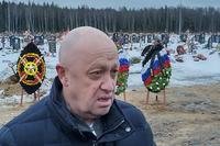 Wagner Group head Yevgeny Prigozhin attends the funeral of Dmitry Menshikov, a fighter of the Wagner group who died during a special operation in Ukraine, at the Beloostrovskoye cemetery outside St. Petersburg, Russia, Saturday.