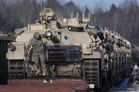 Abrams battle tanks on rail cars in Lithuania.