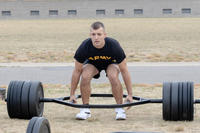 A soldier performs the maximum deadlift event during his Army Combat Fitness Test diagnostic on Camp Ridley, Minnesota.
