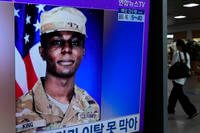 U.S. soldier Travis King during a news program at the Seoul Railway Station