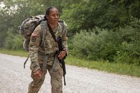 Sgt. First Class Angelica Bridges competes in the 6-mile ruck march event of the 2023 ASC Best Warrior Competition at Marseilles Training Center, Illinois.