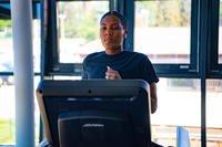 Senior Airman April Wright runs on a treadmill at the Southside Fitness Center at Ramstein Air Base, Germany.