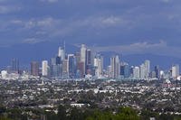 The Los Angeles skyline is seen from a Baldwin Hills, California, overlook on Friday, Feb. 9, 2024.