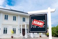 In a photo illustration, a blurry white house is in the background, while in the foreground, a red stick declaring &quot;scam!&quot; obscures the house's for-sale sign.